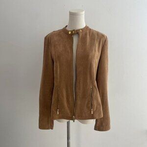Calvin Klein Faux Suede Zip Front Jacket in Camel | Women’s Size Medium